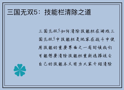 三国无双5：技能栏清除之道